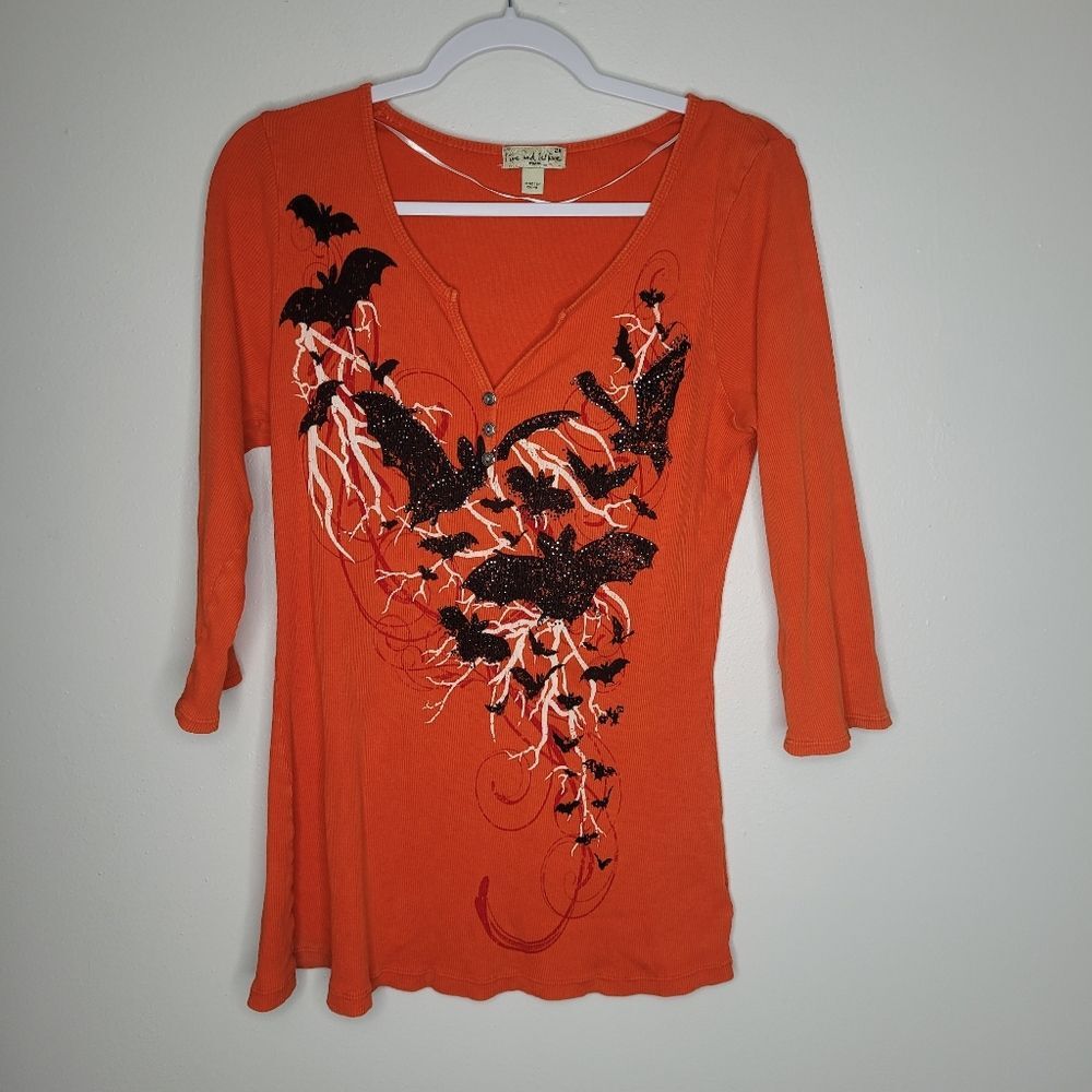 Live and Let Live black orange mcbling sparkly bat ribbed henley 3/4 sleeve 2x